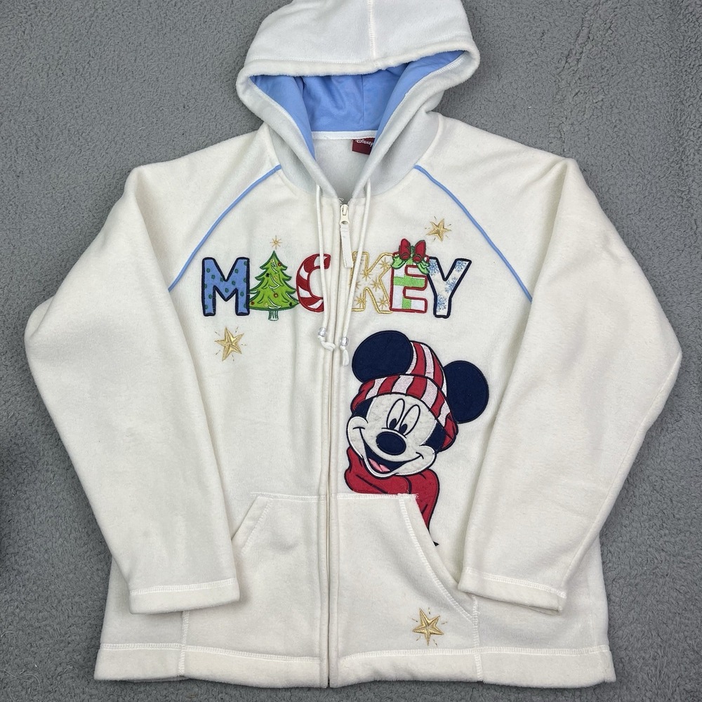 Vintage Disney Mickey Mouse Holiday Full Zip Fleece Jacket‎ Hoodie Size Large